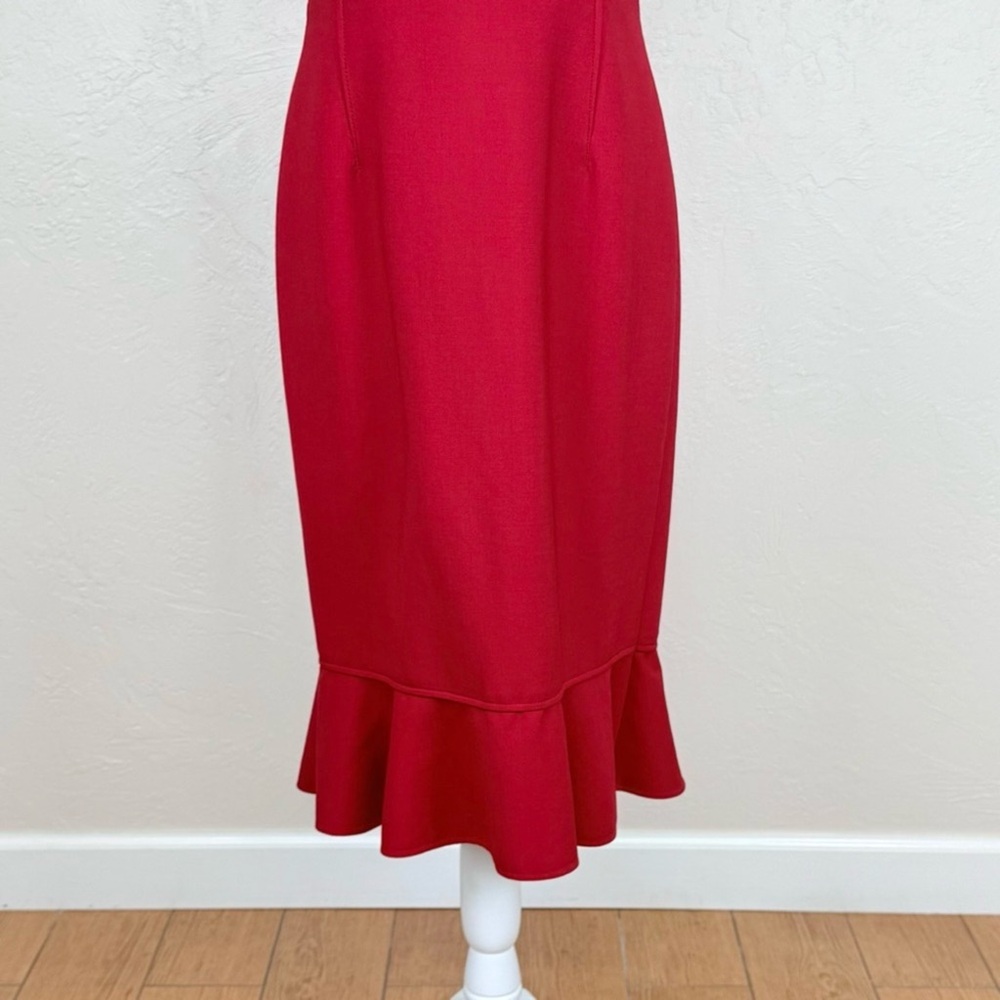 Oscar de la Renta Flared Ruffle Hem Midi Stretch Wool Claret Red Dress Size 4 - Picture 6 of 15